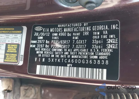 2013 Kia Sorento Lx z USA, uszkodzony, nr VIN 5XYKTCA60DG363838